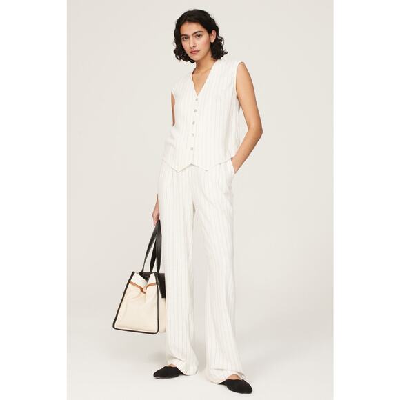 DONNI Off-White Stripe Pinstripe Linen Pleated Trousers Pants Size Large - Picture 2 of 15